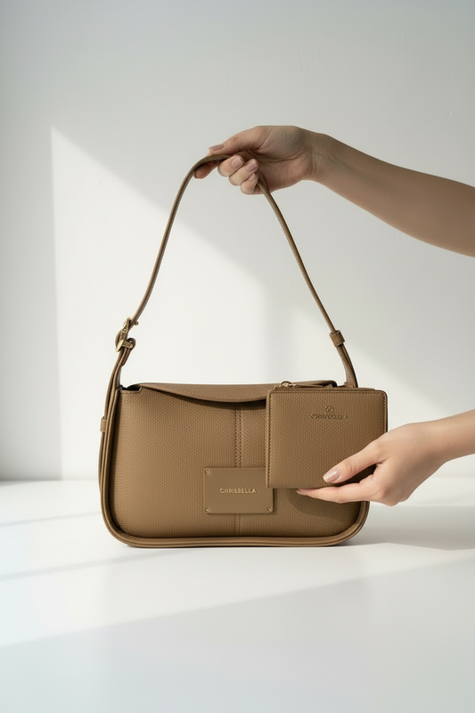 Chrisbella Taupe Olive Brown Luxury Shoulder Bag with Adjustable Sling & Matching Wallet – Elegant Textured Hobo Bag for Women | UAE