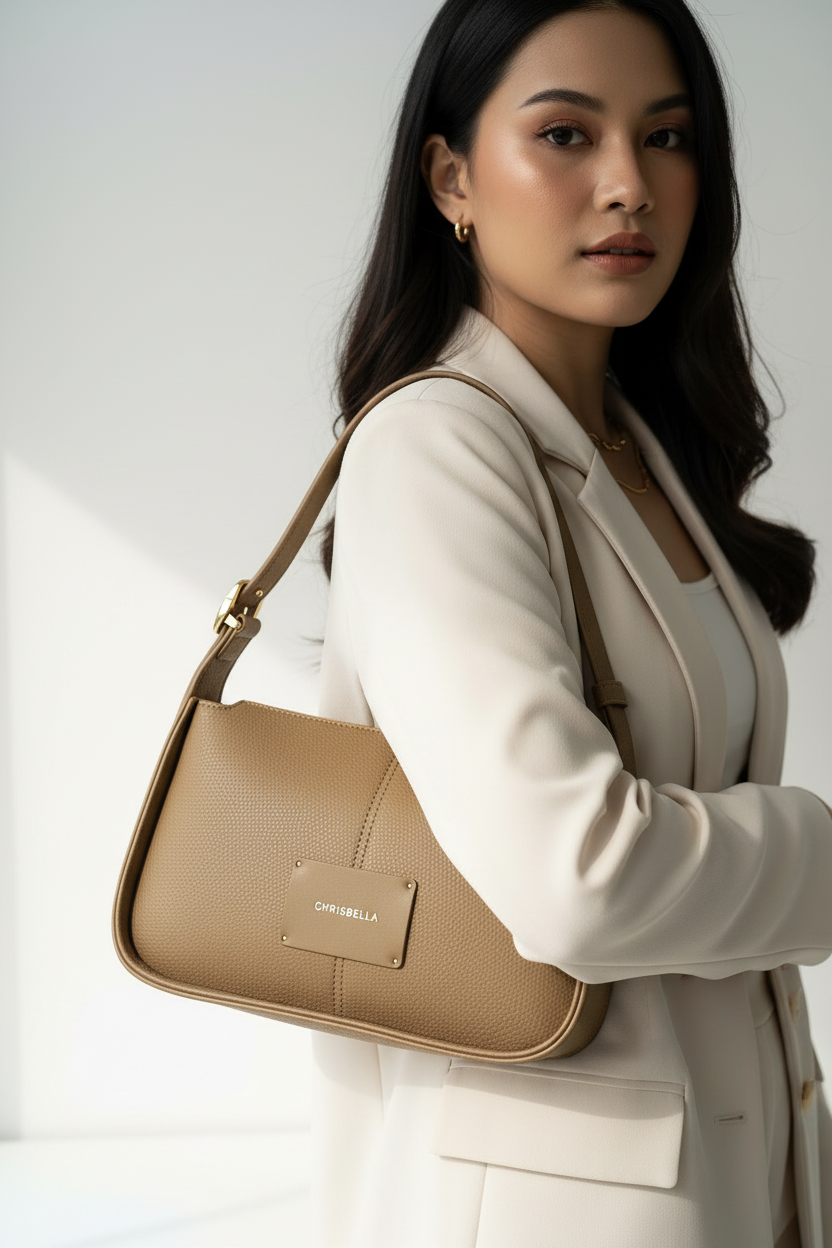 Chrisbella Taupe Olive Brown Luxury Shoulder Bag with Adjustable Sling & Matching Wallet – Elegant Textured Hobo Bag for Women | UAE