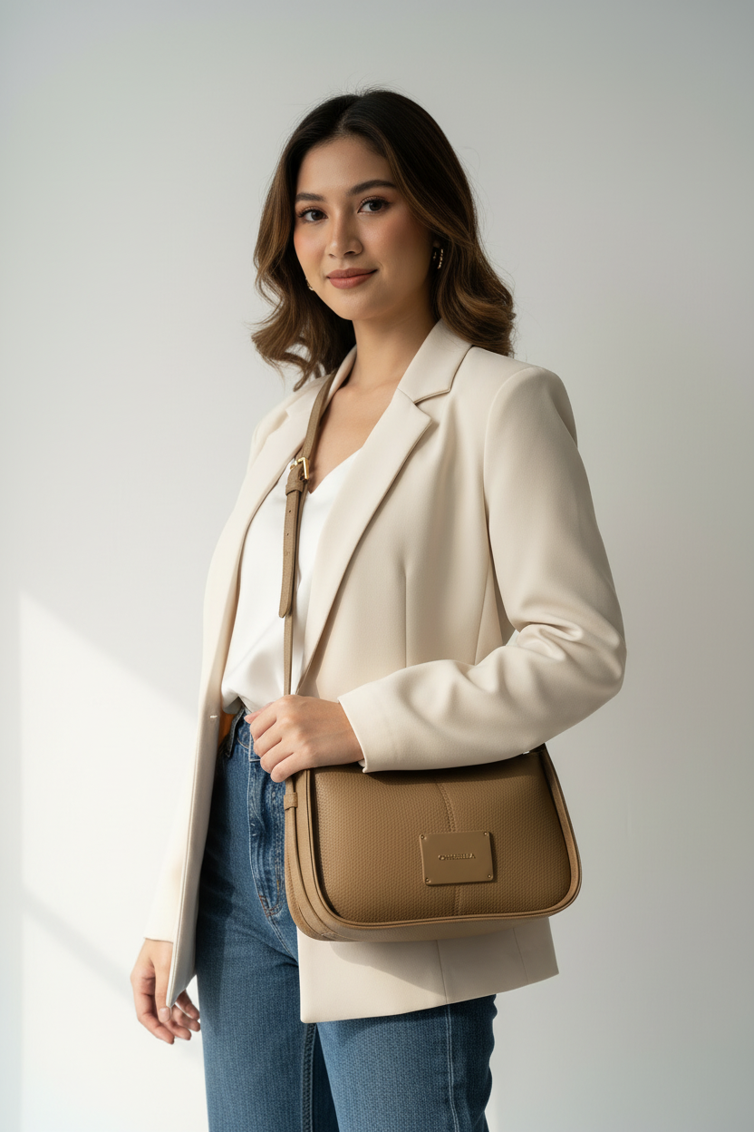 Chrisbella Taupe Olive Brown Luxury Shoulder Bag with Adjustable Sling & Matching Wallet – Elegant Textured Hobo Bag for Women | UAE