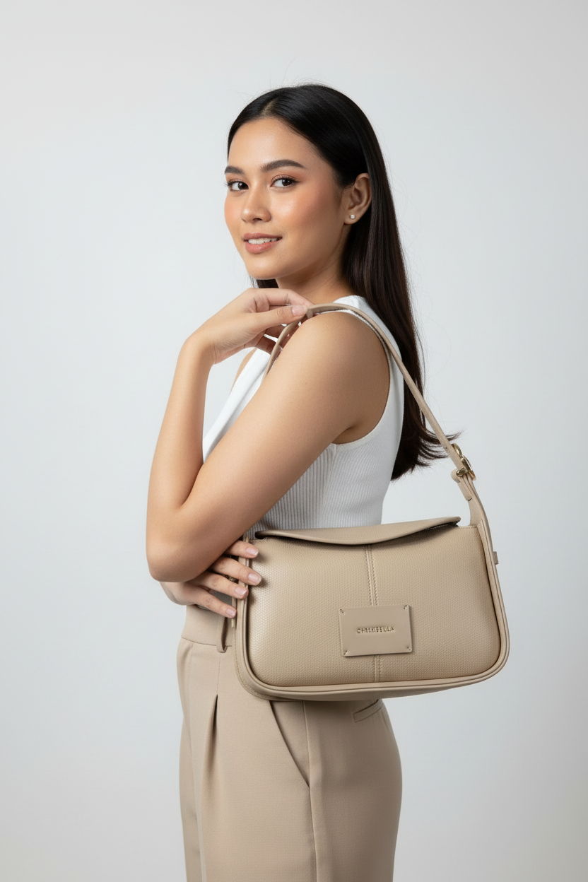 Chrisbella beige cream luxury shoulder hobo bag with adjustable sling and matching wallet for women in UAE