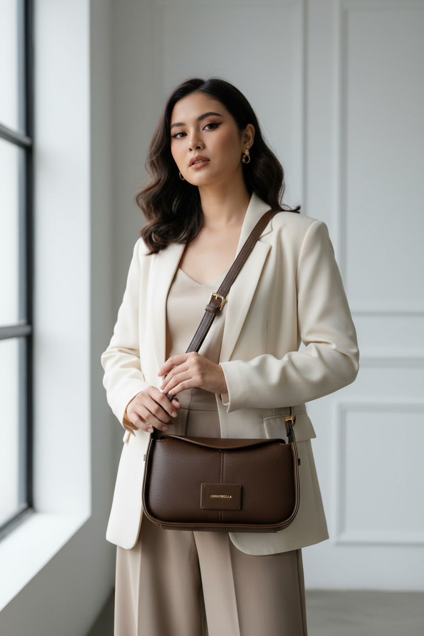 Chrisbella brown luxury shoulder hobo bag with adjustable sling and matching wallet for women in UAE