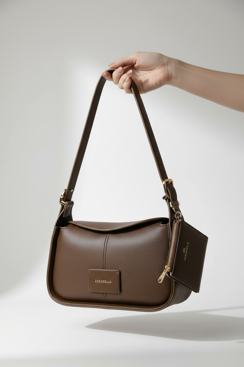 Chrisbella brown luxury shoulder hobo bag with adjustable sling and matching wallet for women in UAE