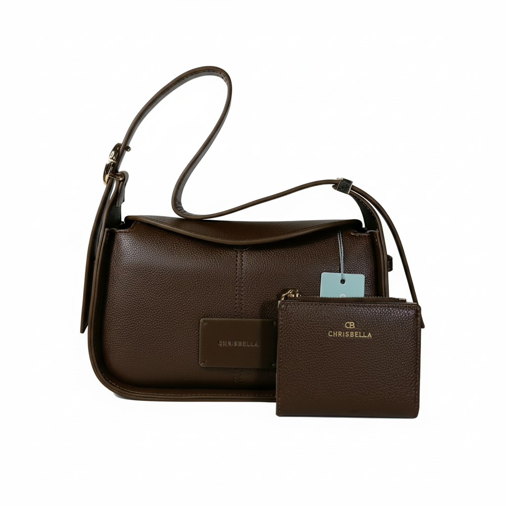 Chrisbella brown luxury shoulder hobo bag with adjustable sling and matching wallet for women in UAE