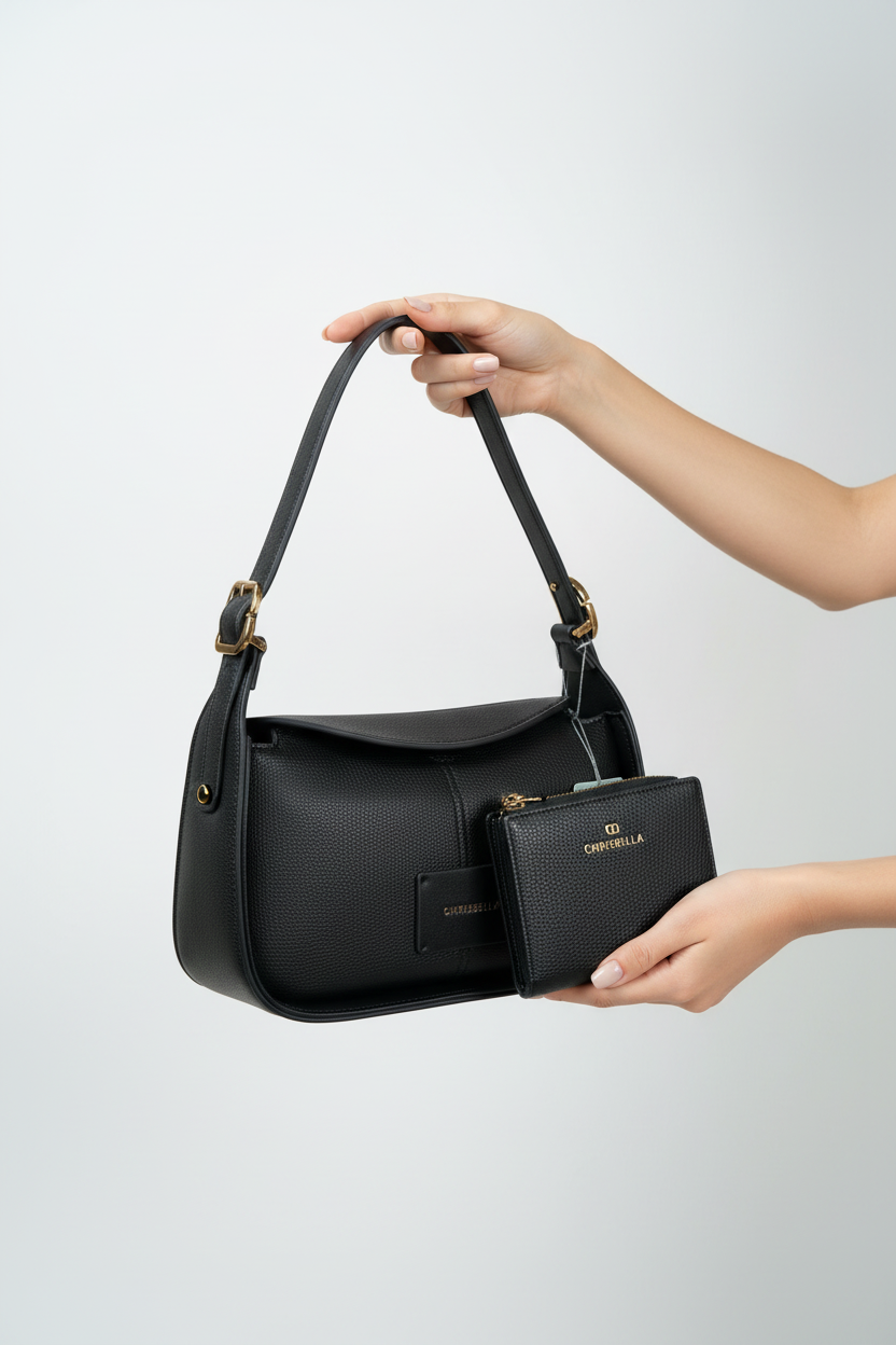 Chrisbella black luxury shoulder hobo bag with adjustable sling and matching wallet for women in UAE