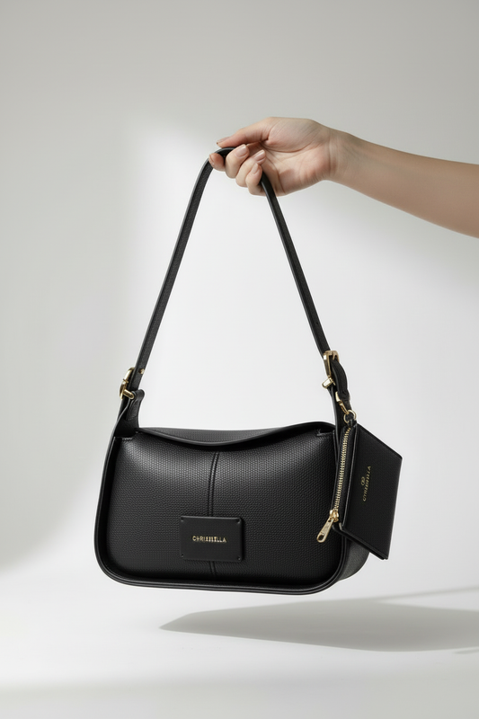 Chrisbella Black Luxury Shoulder Bag with Adjustable Sling & Matching Wallet – Elegant Textured Hobo Bag for Women | UAE