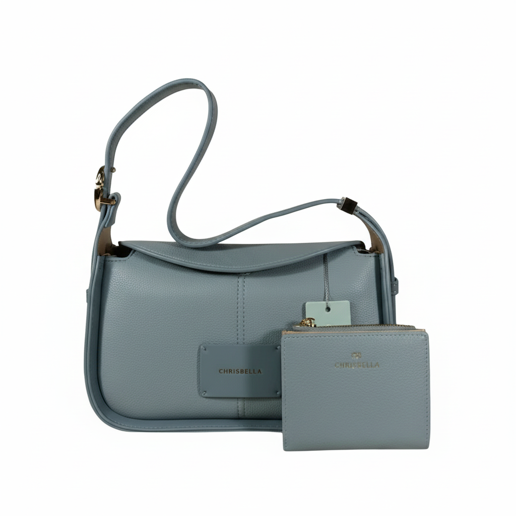 Chrisbella blue gray luxury shoulder hobo bag with adjustable sling and matching wallet for women in UAE