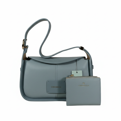 Chrisbella blue gray luxury shoulder hobo bag with adjustable sling and matching wallet for women in UAE