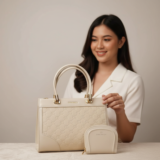 Chrisbella 2-in-1 white luxury handbag with top handles and matching zip wallet – women’s designer bag UAE