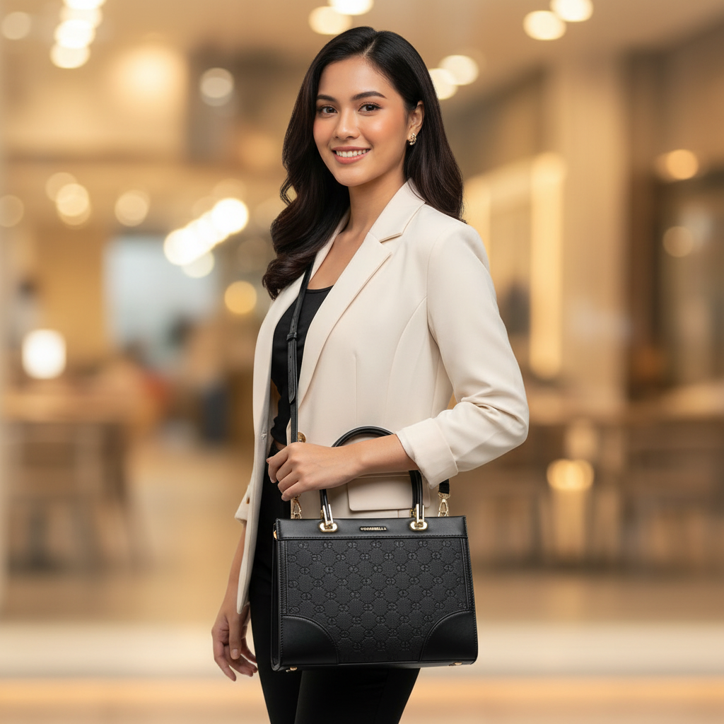 Chrisbella black luxury handbag with top handle, detachable sling strap, and matching wallet – women’s designer bag UAE