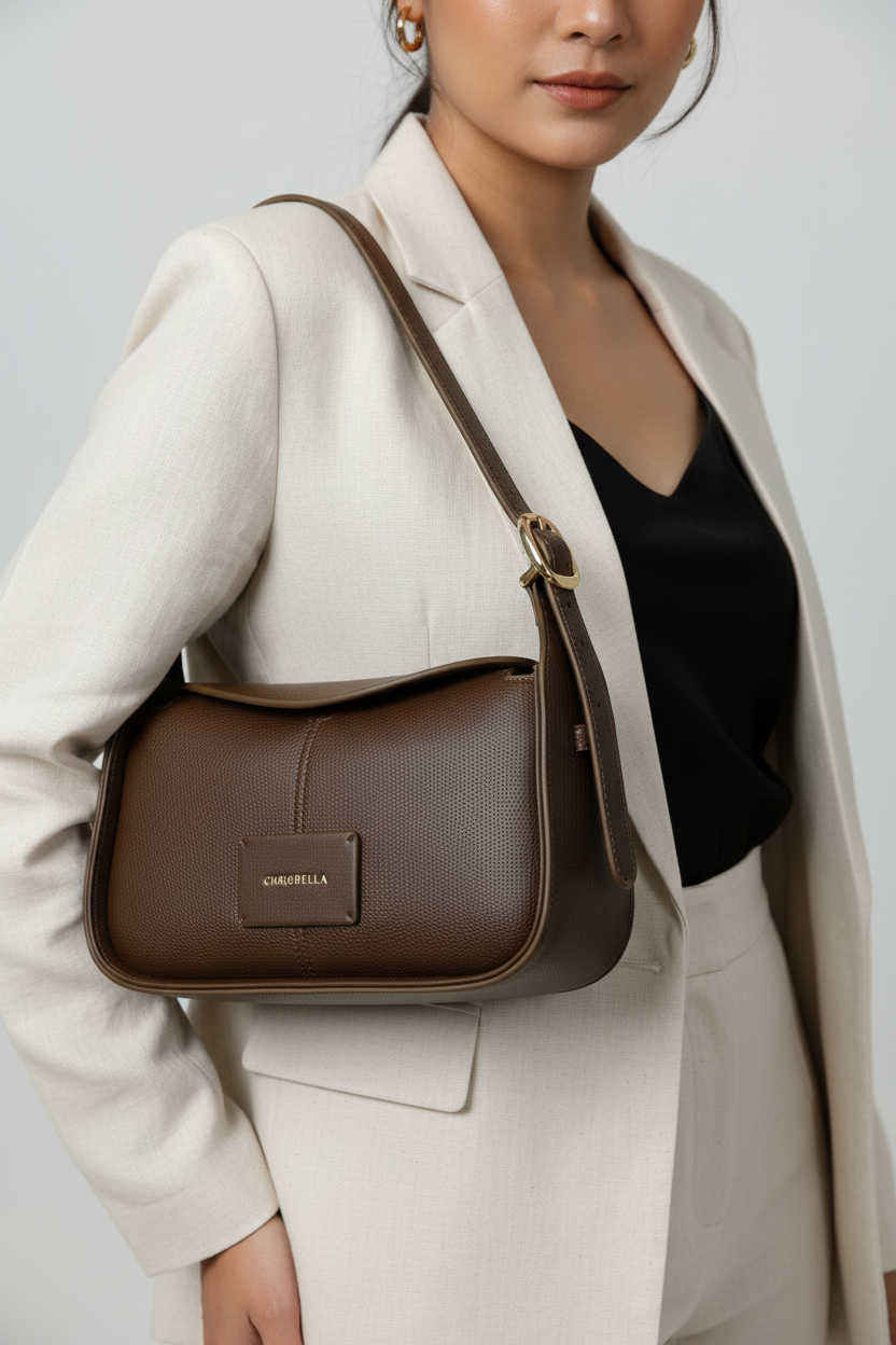 Chrisbella brown luxury shoulder hobo bag with adjustable sling and matching wallet for women in UAE