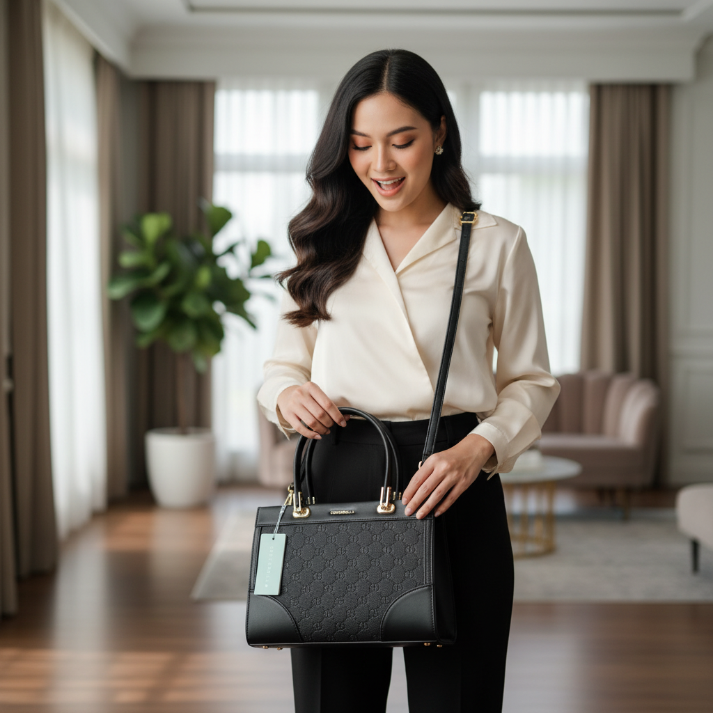 Chrisbella black luxury handbag with top handle, detachable sling strap, and matching wallet – women’s designer bag UAE