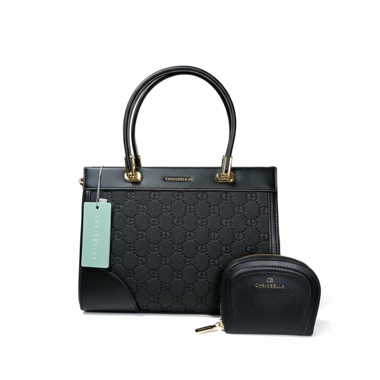 Chrisbella black luxury handbag with top handle, detachable sling strap, and matching wallet – women’s designer bag UAE