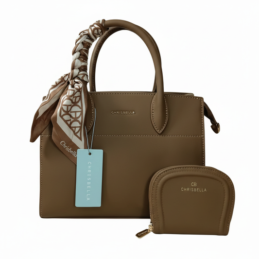 Chrisbella coffee luxury handbag with top handle, scarf detail, detachable sling strap, and matching wallet – women’s designer bag UAE