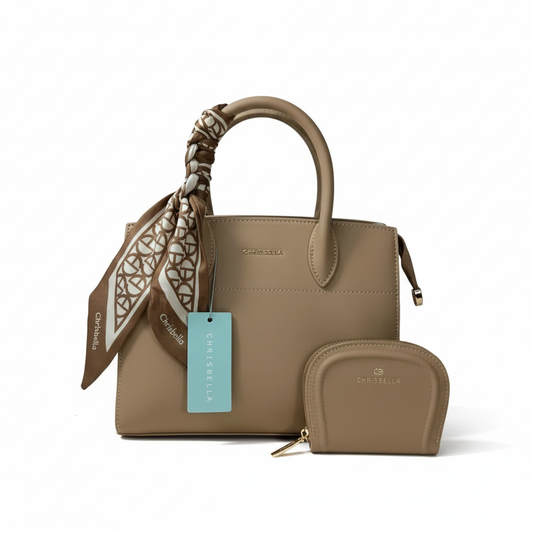 Chrisbella Taupe Beige Luxury Handbag with Sling, Scarf & Matching Wallet – Elegant Textured Top Handle Bag for Women | UAE