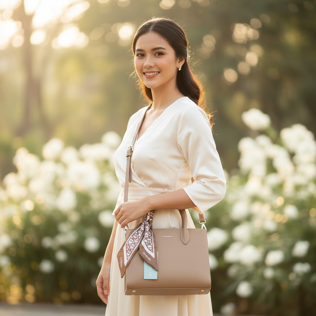 Chrisbella Taupe Beige Luxury Handbag with Sling, Scarf & Matching Wallet – Elegant Textured Top Handle Bag for Women | UAE