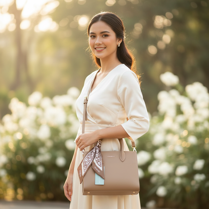Chrisbella Taupe Beige Luxury Handbag with Sling, Scarf & Matching Wallet – Elegant Textured Top Handle Bag for Women | UAE