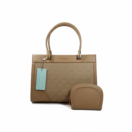 Chrisbella beige luxury handbag with top handle, detachable sling strap, and matching wallet – women’s designer bag UAE