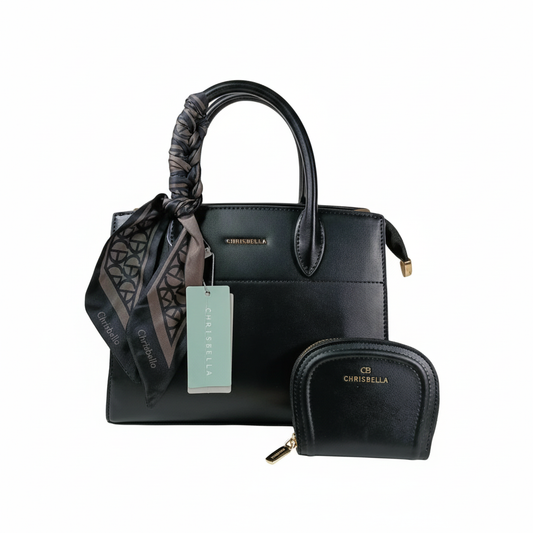 Chrisbella black luxury handbag with textured finish, top handle, detachable sling strap, and matching wallet – women’s designer bag UAE