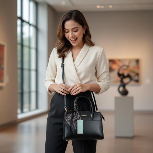 Chrisbella black luxury handbag with textured finish, top handle, detachable sling strap, and matching wallet – women’s designer bag UAE