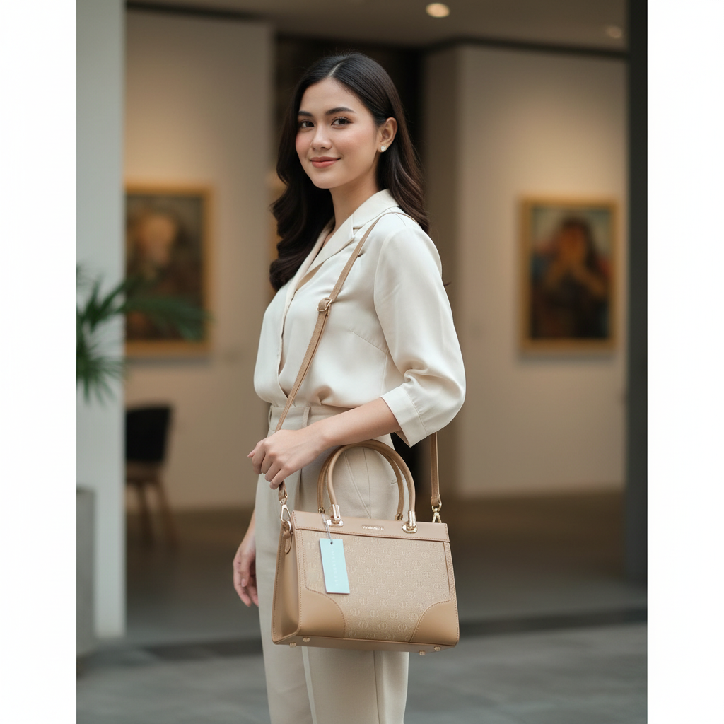 Chrisbella beige luxury handbag with top handle, detachable sling strap, and matching wallet – women’s designer bag UAE
