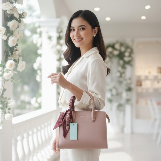 Chrisbella dusty pink luxury handbag with textured finish, top handle, detachable sling strap, and matching wallet – women’s designer bag UAE