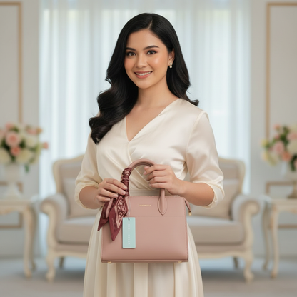 Chrisbella dusty pink luxury handbag with textured finish, top handle, detachable sling strap, and matching wallet – women’s designer bag UAE