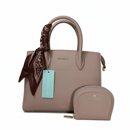 Chrisbella dusty pink luxury handbag with textured finish, top handle, detachable sling strap, and matching wallet – women’s designer bag UAE