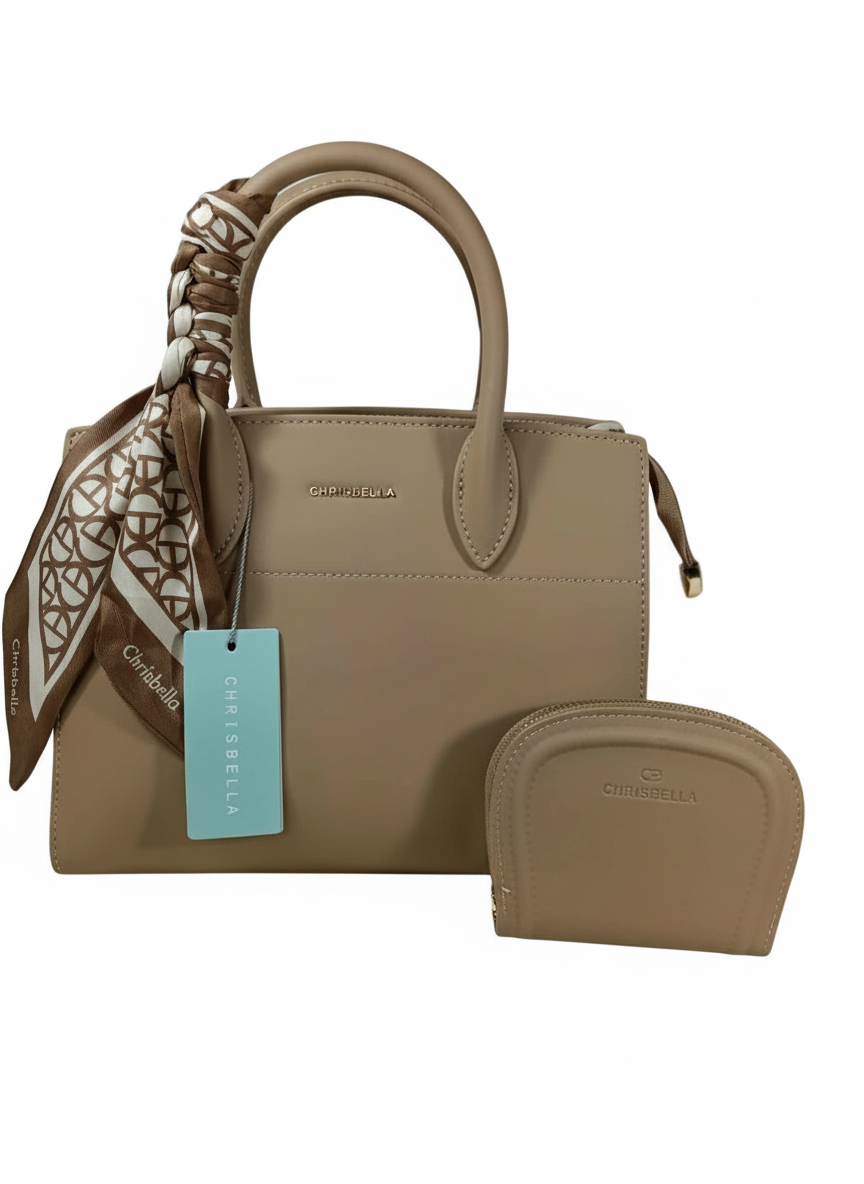 Chrisbella taupe luxury handbag with textured finish, top handle, scarf detail, detachable sling strap, and matching wallet – women’s designer bag UAE