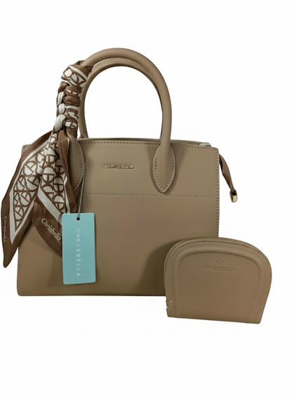 Chrisbella taupe luxury handbag with textured finish, top handle, scarf detail, detachable sling strap, and matching wallet – women’s designer bag UAE