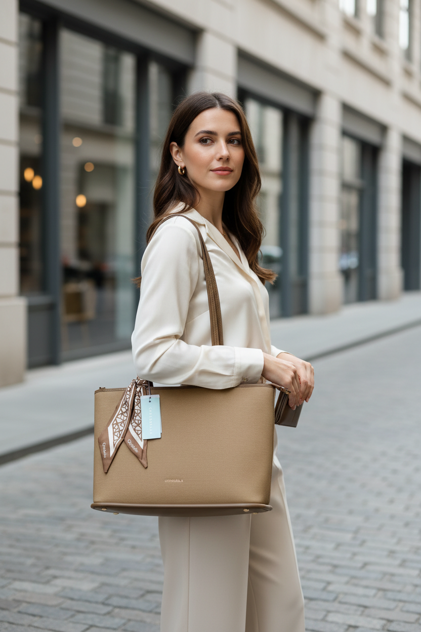 Chrisbella taupe beige luxury tote bag with textured finish, scarf detail, detachable sling strap, and matching wallet – women’s designer shoulder bag UAE