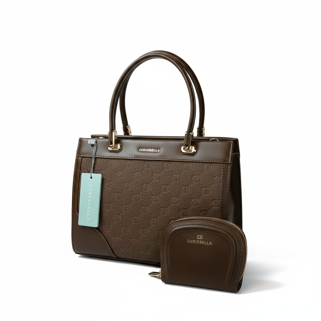 Chrisbella dark brown luxury handbag with textured monogram pattern and gold hardware