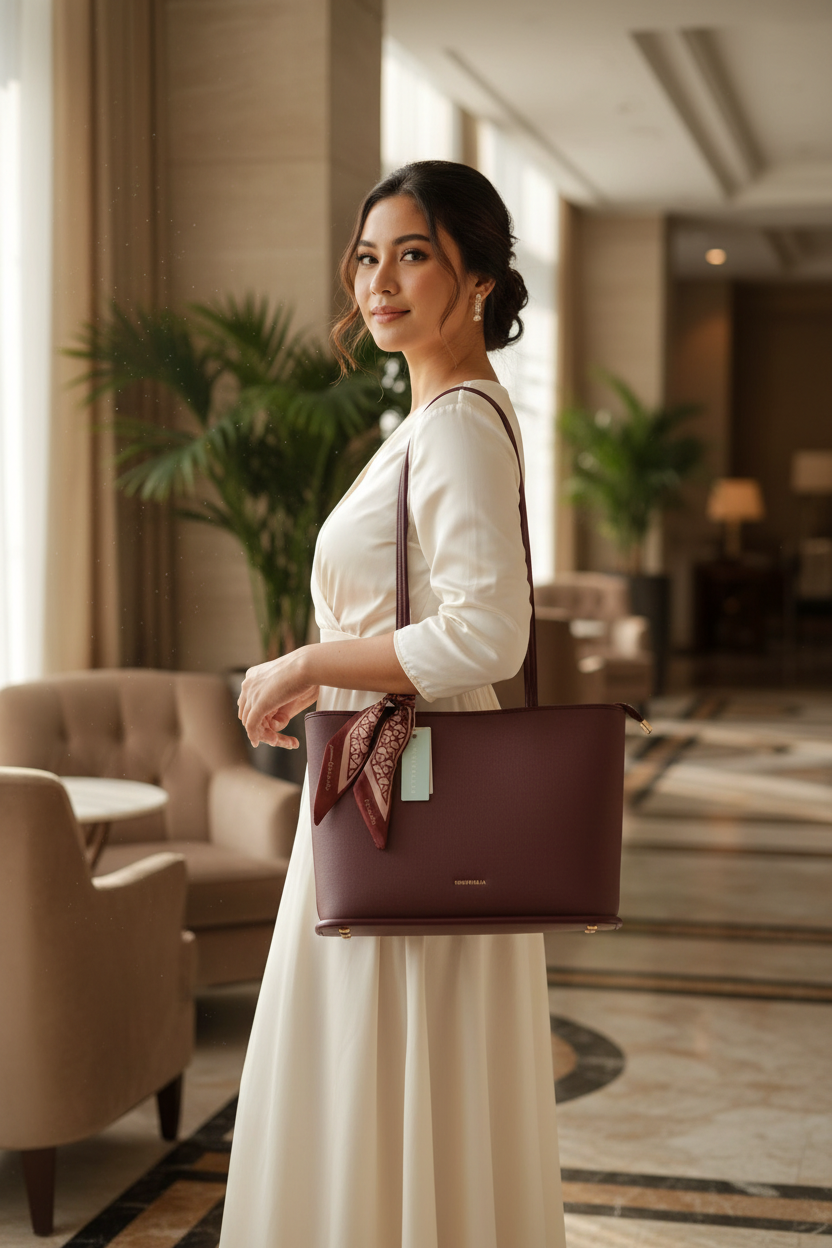 Chrisbella burgundy wine luxury tote bag with textured finish, scarf detail, detachable sling strap, and matching wallet – women’s designer shoulder bag UAE