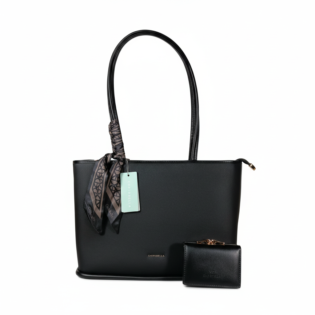 Chrisbella black luxury tote bag with textured finish, scarf detail, detachable sling strap, and matching wallet – women’s designer shoulder bag UAE