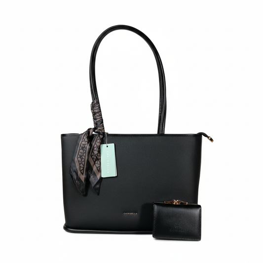 Chrisbella black luxury tote bag with textured finish, scarf detail, detachable sling strap, and matching wallet – women’s designer shoulder bag UAE