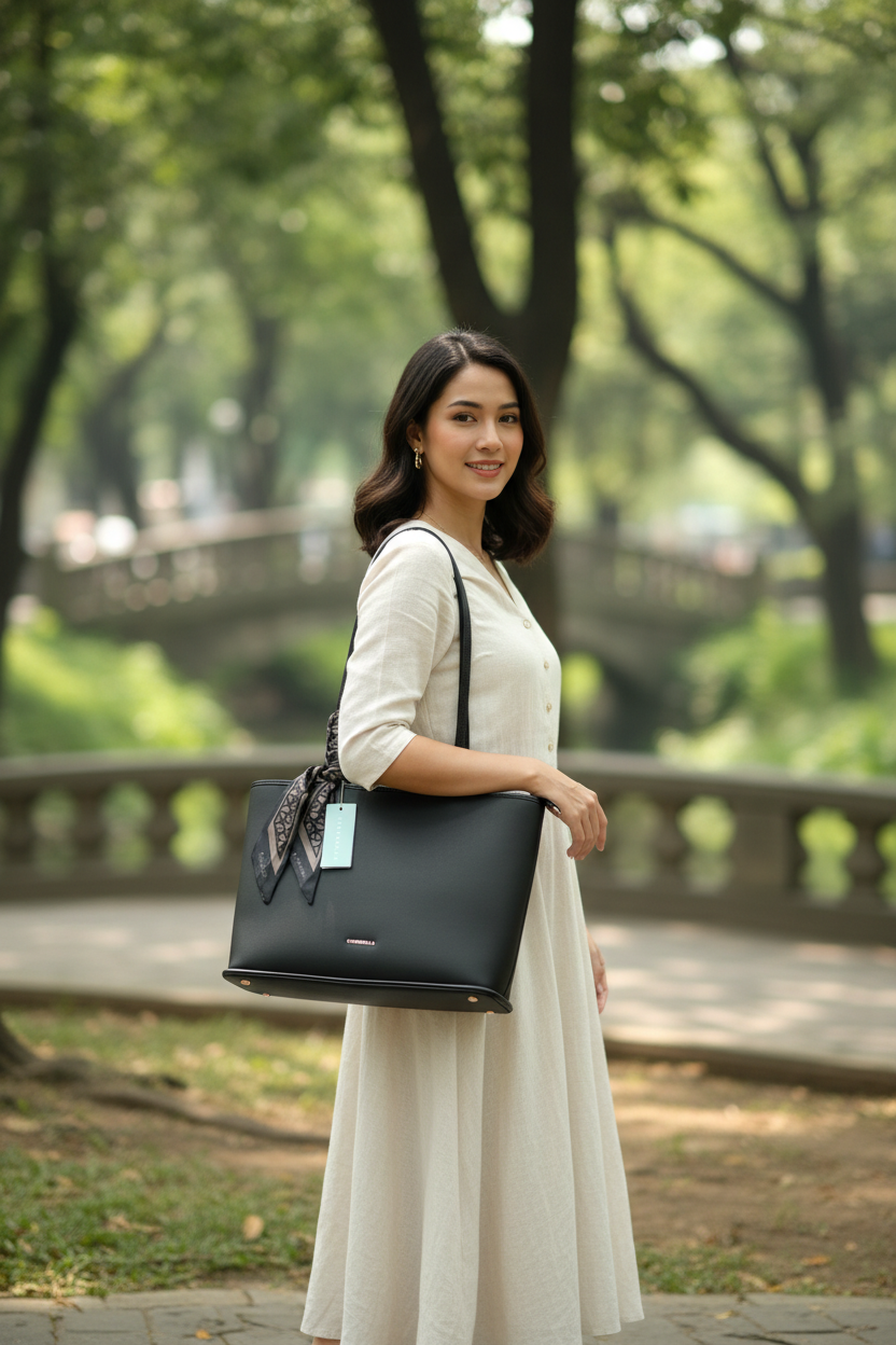 Chrisbella black luxury tote bag with textured finish, scarf detail, detachable sling strap, and matching wallet – women’s designer shoulder bag UAE