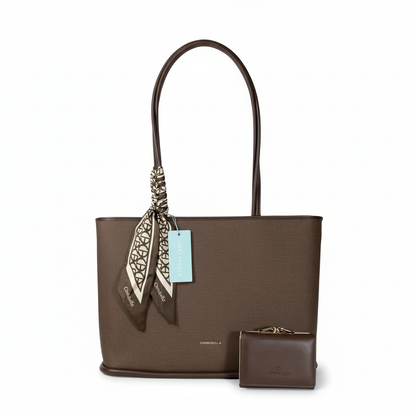 Chrisbella chocolate brown luxury tote bag with textured finish, scarf detail, detachable sling strap, and matching wallet – women’s designer shoulder bag UAE