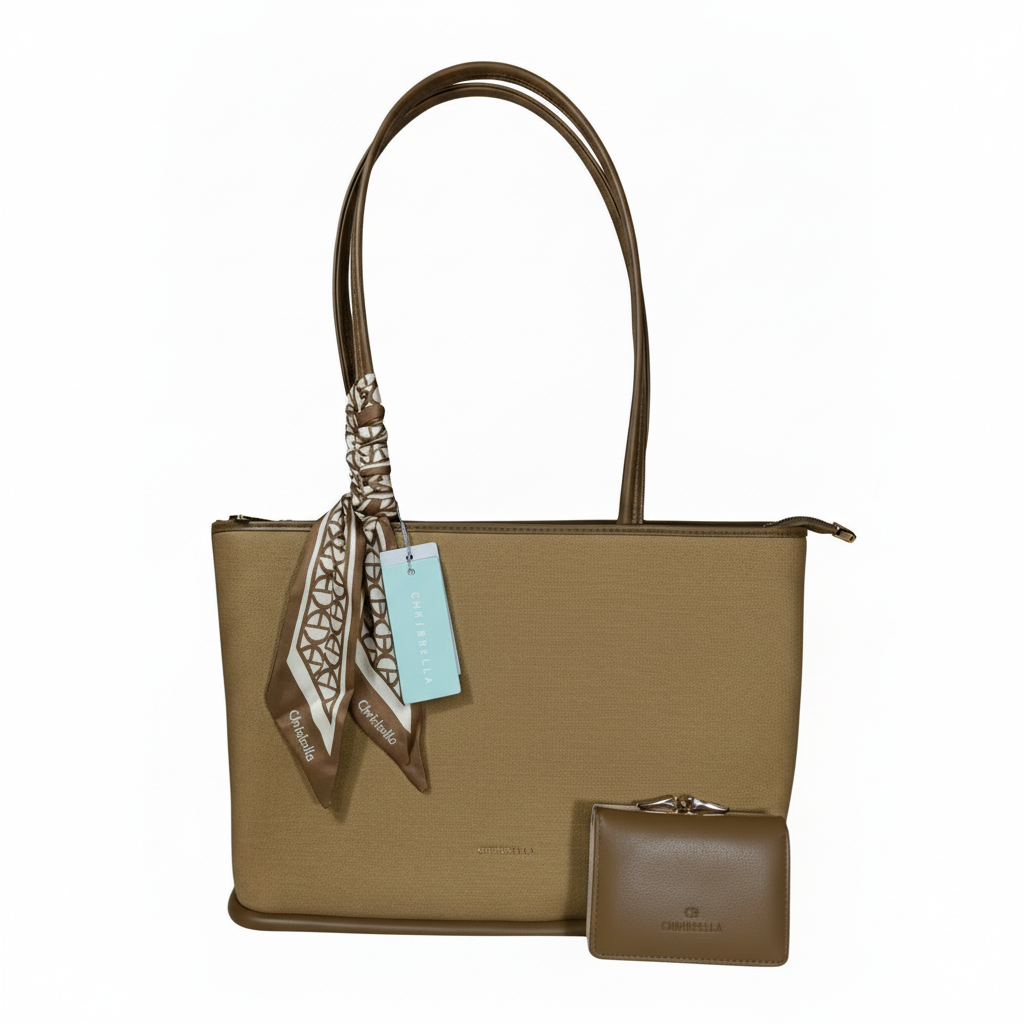 Chrisbella Taupe Beige Luxury Tote Bag with Sling, Scarf & Matching Wallet – Elegant Textured Shoulder Bag for Women | UAE