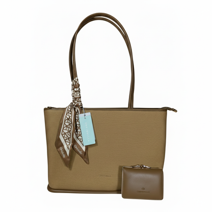 Chrisbella Taupe Beige Luxury Tote Bag with Sling, Scarf & Matching Wallet – Elegant Textured Shoulder Bag for Women | UAE