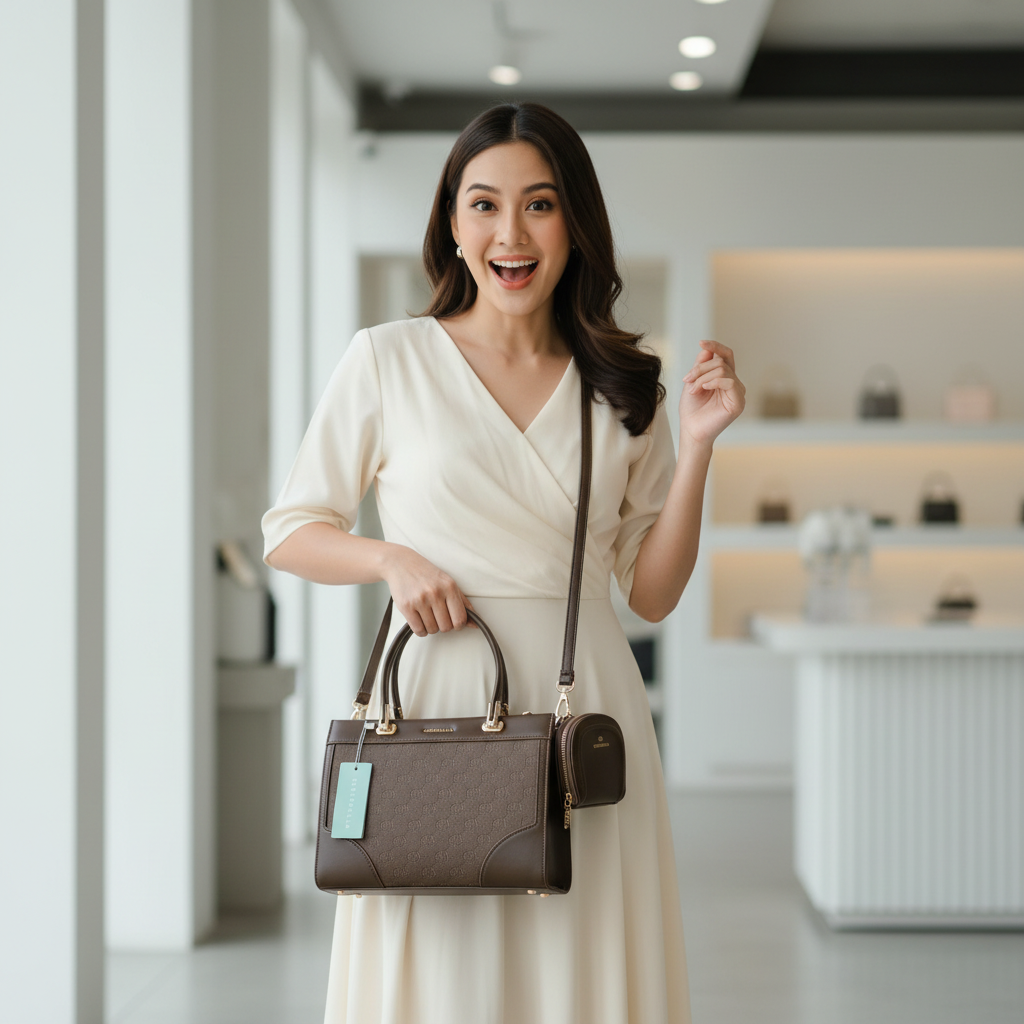 Chrisbella dark brown luxury handbag with textured monogram pattern and gold hardware