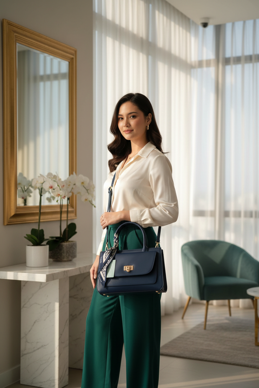 Chrisbella navy blue luxury handbag with textured finish, top handle, detachable sling strap, and matching wallet – women’s designer bag UAE