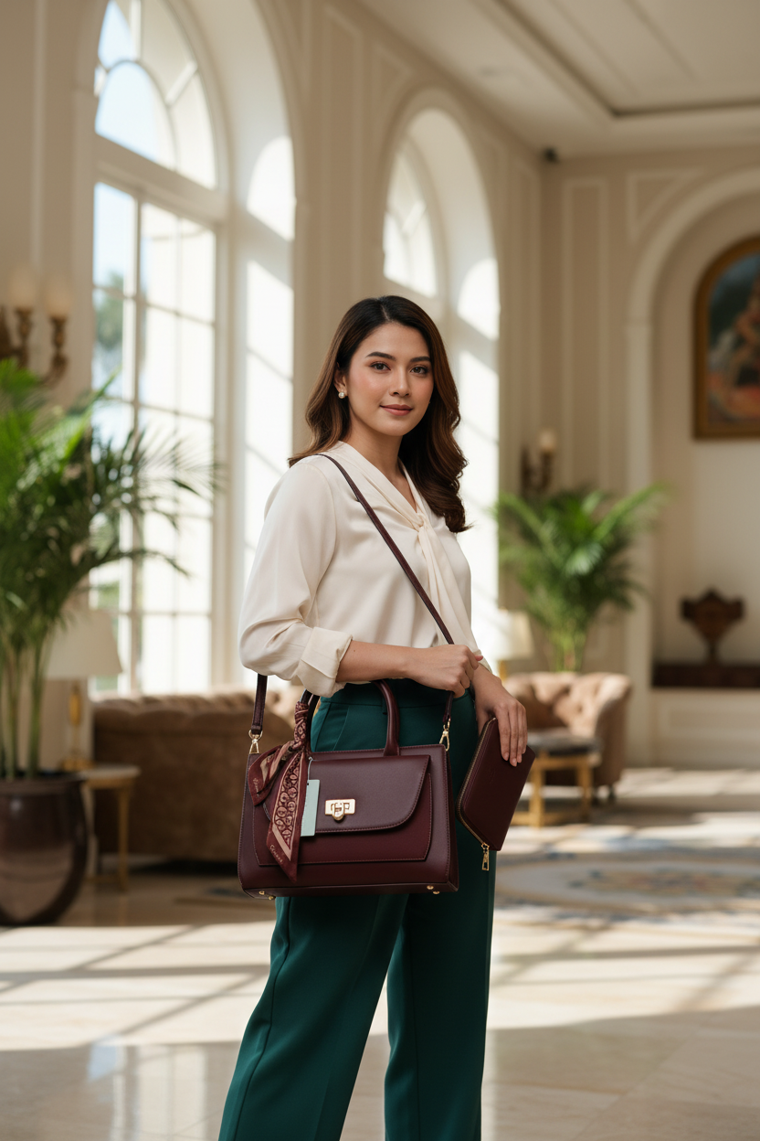 Chrisbella burgundy wine luxury handbag with textured finish, top handle, detachable sling strap, and matching wallet – women’s designer bag UAE