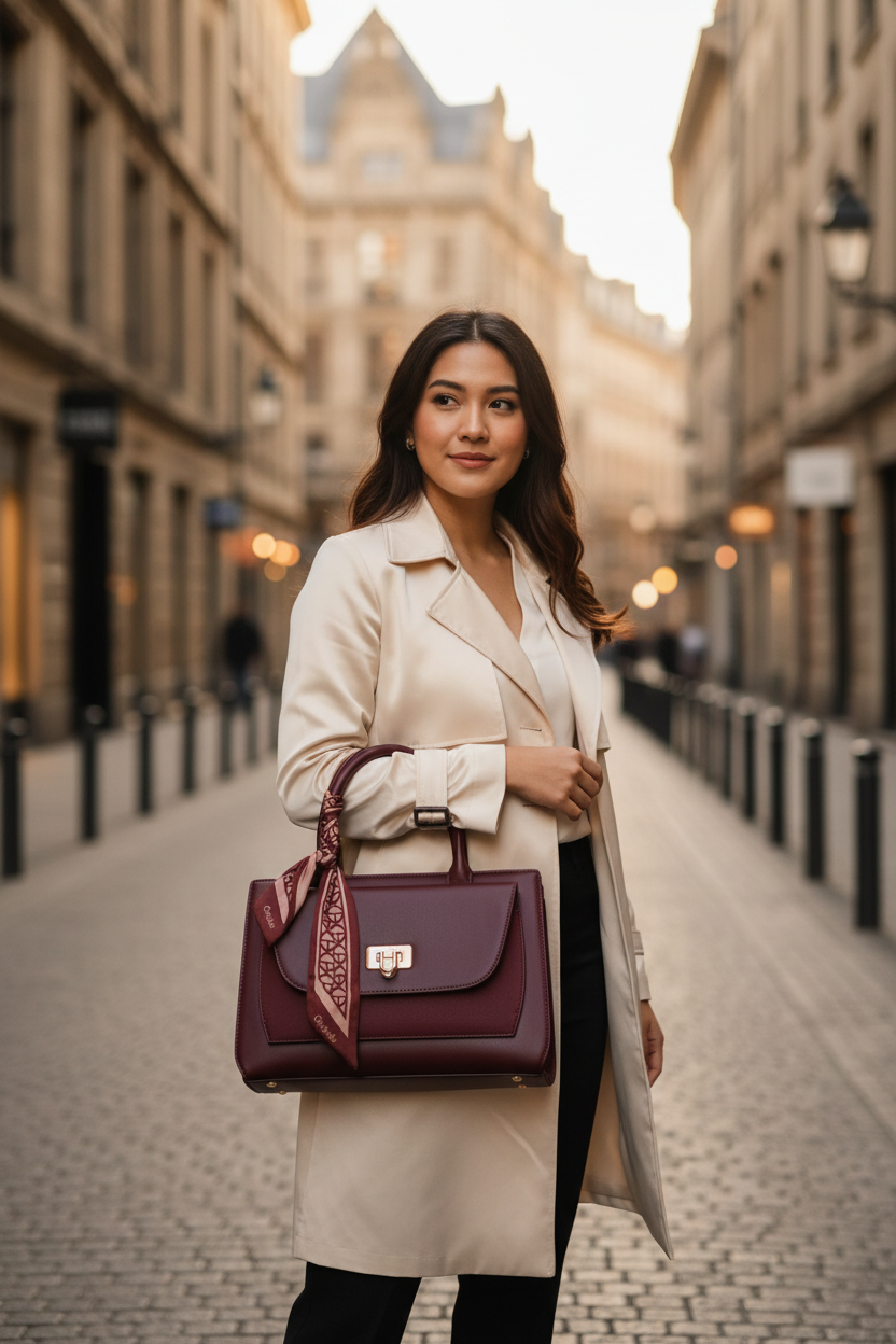 Chrisbella burgundy wine luxury handbag with textured finish, top handle, detachable sling strap, and matching wallet – women’s designer bag UAE