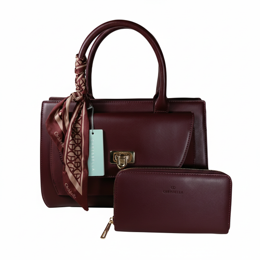Chrisbella burgundy wine luxury handbag with textured finish, top handle, detachable sling strap, and matching wallet – women’s designer bag UAE