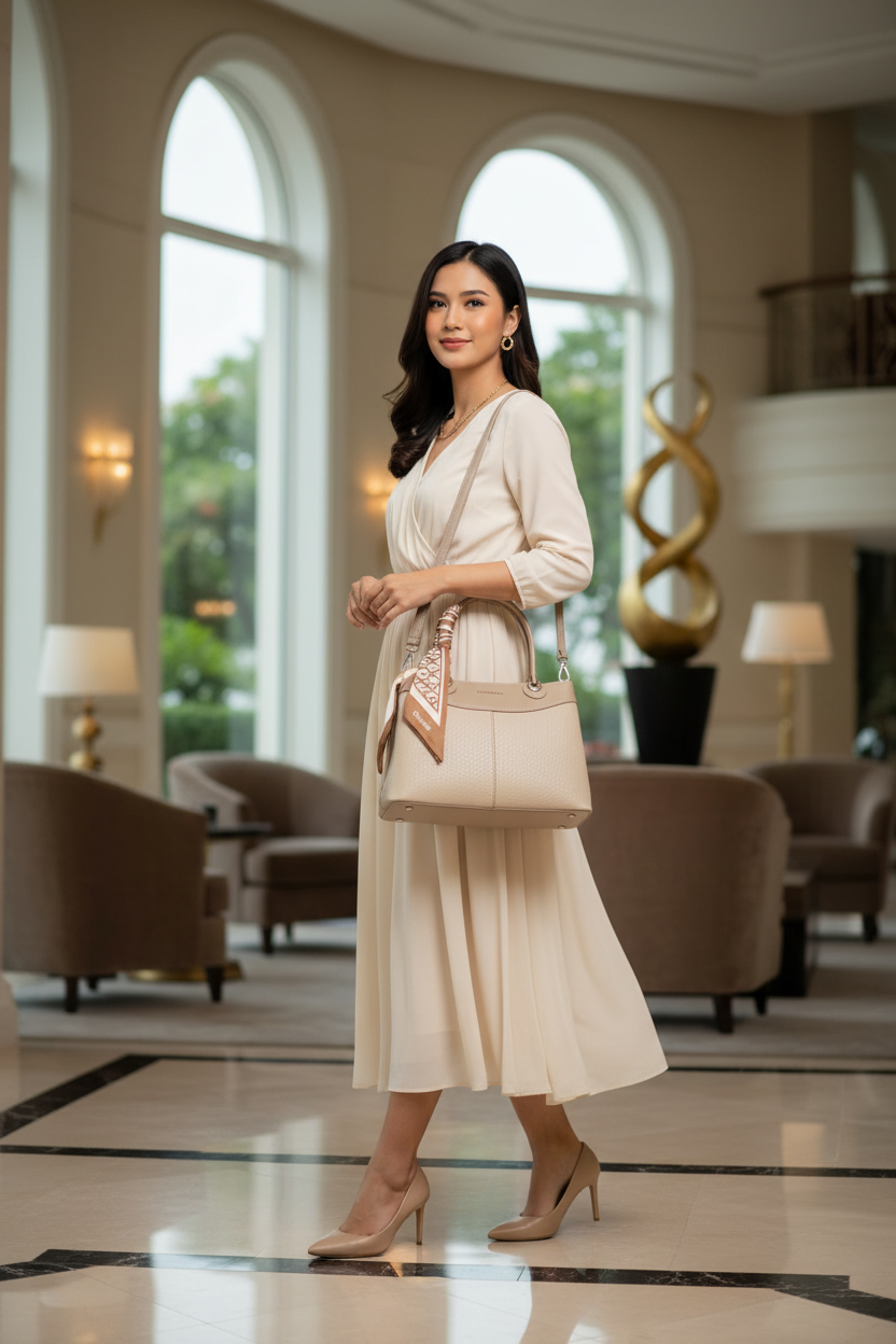 Chrisbella beige cream luxury handbag with sling and matching pouch for women in UAE