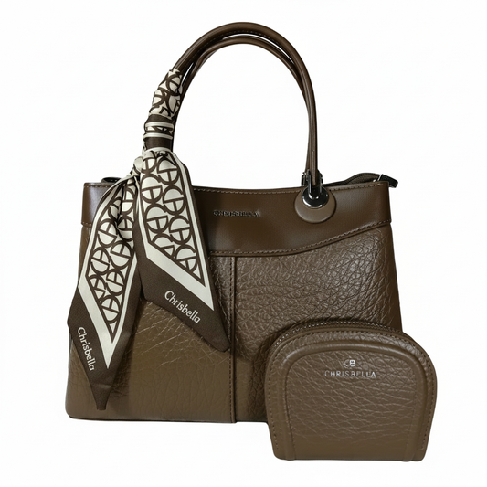 Chrisbella taupe brown luxury handbag with sling and matching pouch for women in UAE