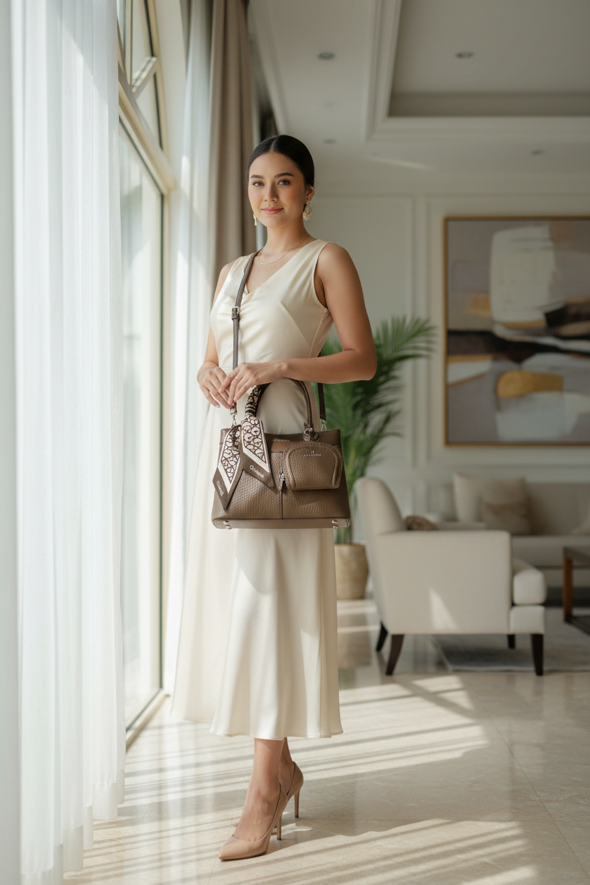 Chrisbella taupe brown luxury handbag with sling and matching pouch for women in UAE