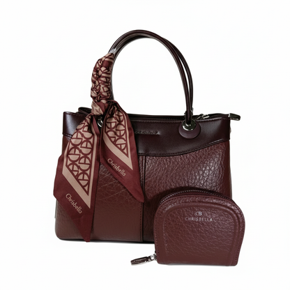 Chrisbella Burgundy Maroon Luxury Handbag with Sling & Matching Pouch – Elegant Textured Top Handle Bag for Women | UAE