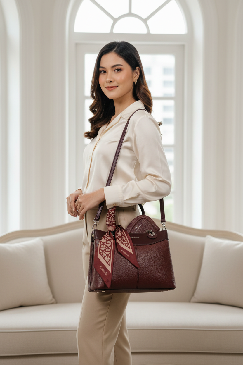 Chrisbella Burgundy Maroon Luxury Handbag with Sling & Matching Pouch – Elegant Textured Top Handle Bag for Women | UAE
