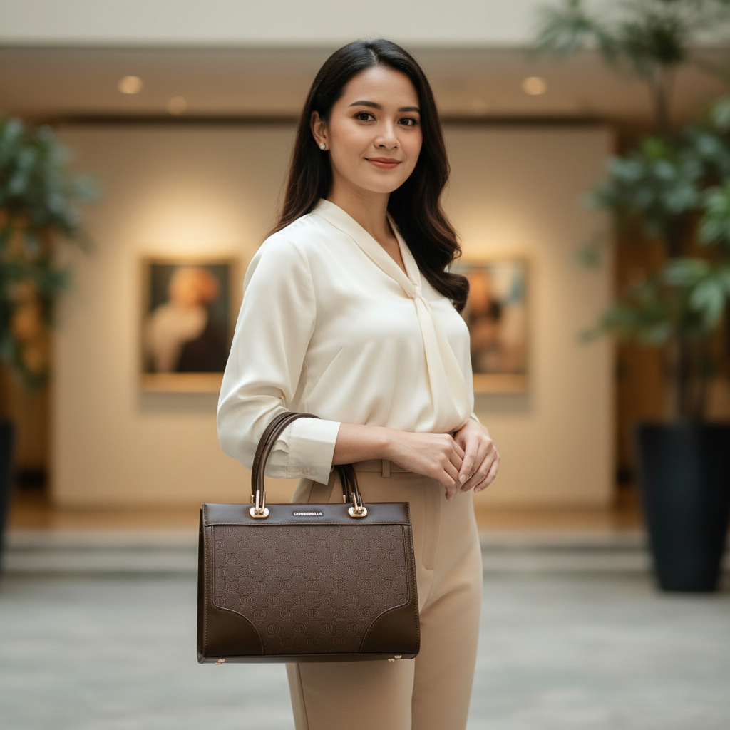 Chrisbella dark brown luxury handbag with textured monogram pattern and gold hardware