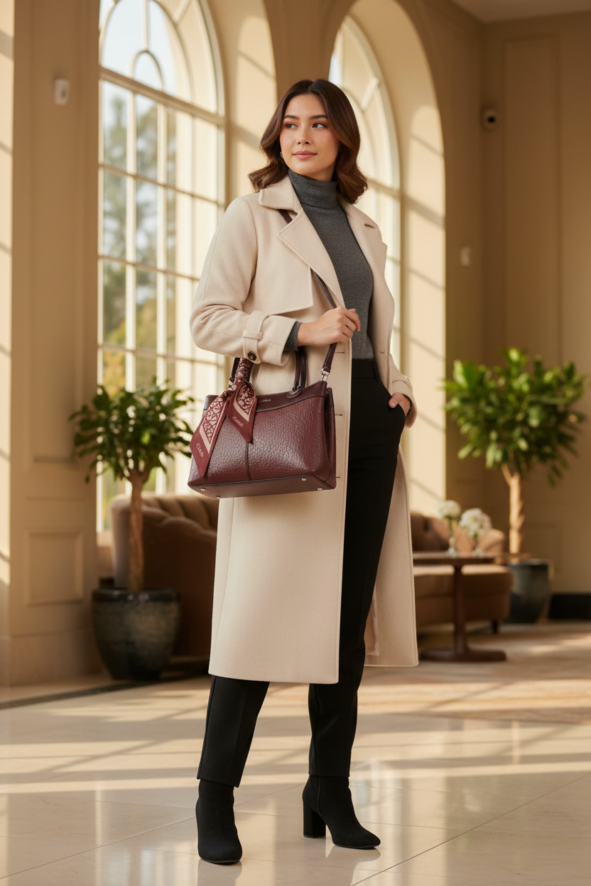 Chrisbella Burgundy Maroon Luxury Handbag with Sling & Matching Pouch – Elegant Textured Top Handle Bag for Women | UAE